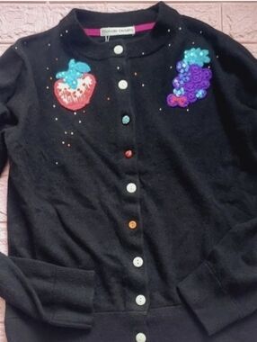 Tsumori Chisato Black Cardigan with Pink Neck Trim and Colorful Embroidery NWT